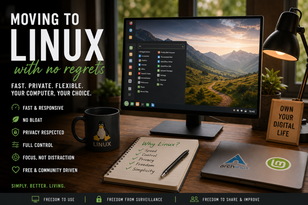 Linux desktop workspace representing digital sovereignty, privacy and independence from big tech ecosystems