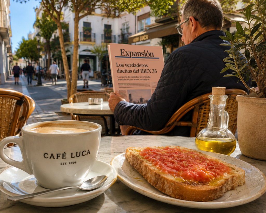 Wealth. A man reading a financial newspaper about who owns Spain's wealth in the background.