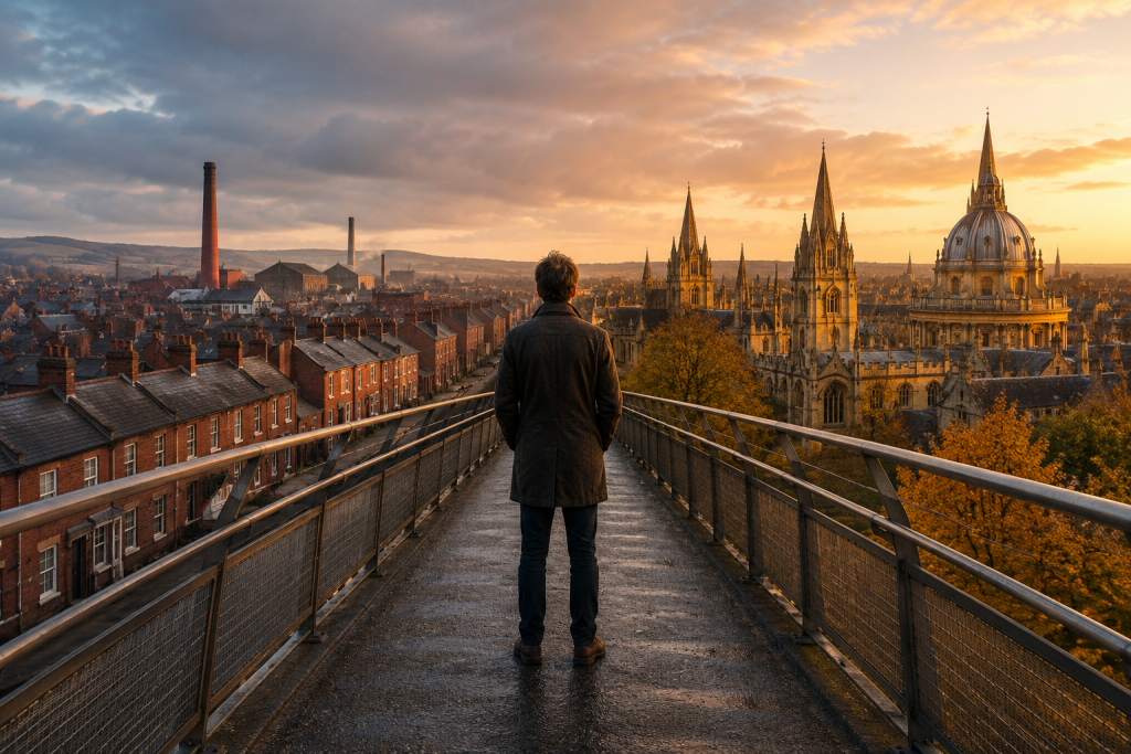 Accidental outsider on a bridge with the University of Oxford University on the right and a northern English town on the left.
